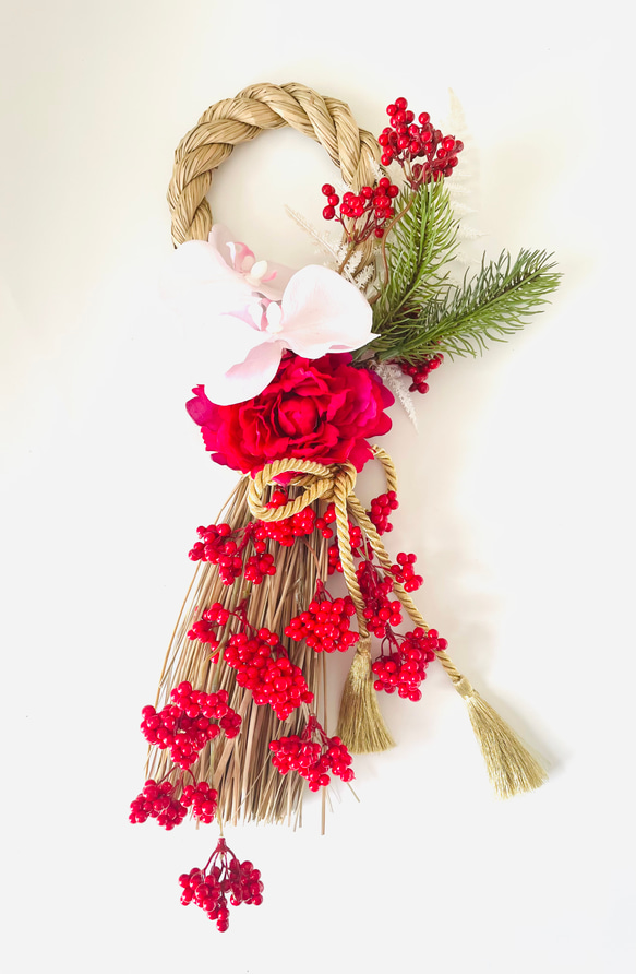 赤いしめ縄飾り　お正月しめ縄飾り　お正月玄関ドア飾り　お正月　アーティフィシャルフラワー 3枚目の画像
