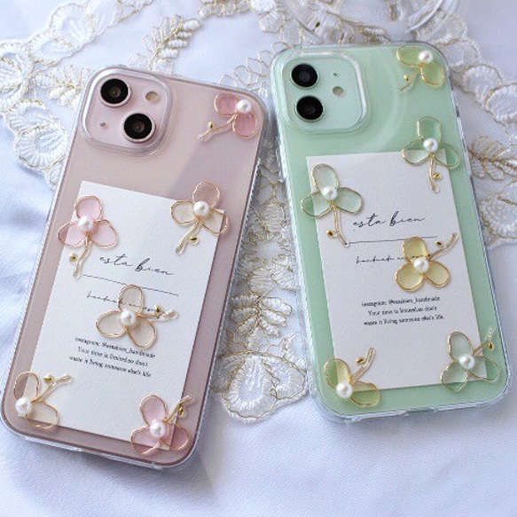 グリーン×イエロー　ニュアンスflower iPhoneケース　全機種対応　iPhone14 iPhone13 他　韓国 5枚目の画像