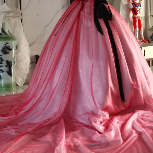 カラードレス ピンク ベアトップ 繊細レース キラキラチュール 披露宴  