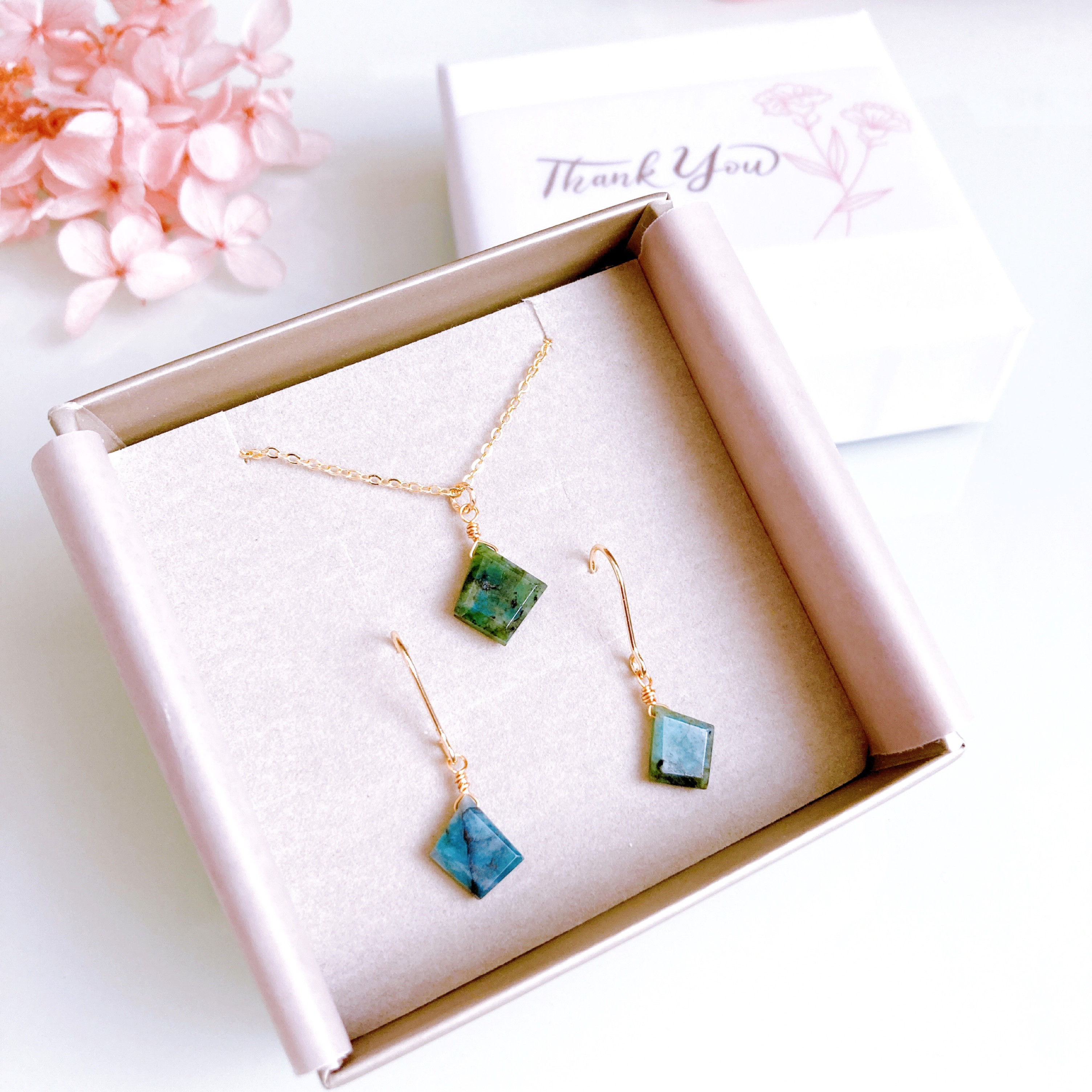 エメラルド スライスカット ネックレス ＆ 選べる ピアス イヤリング　セット 14kgf 母の日 誕生日 ギフト