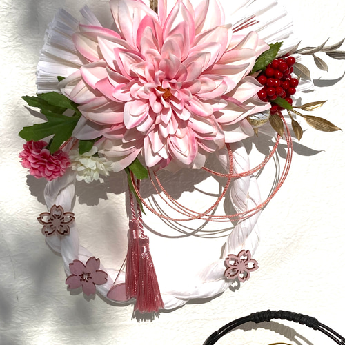 新春しめ縄飾り 超早割お正月2026 ピンク系アーティシャルフラワー