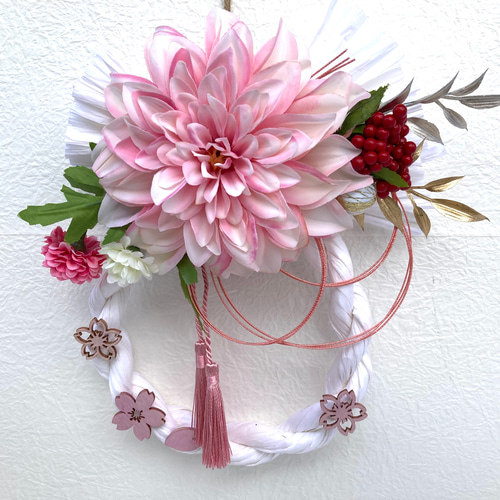 新春しめ縄飾り 超早割お正月2026 ピンク系アーティシャルフラワー