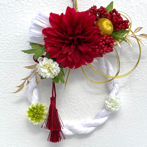 新春しめ縄飾り 超早割お正月2026 レッド系アーティシャルフラワー