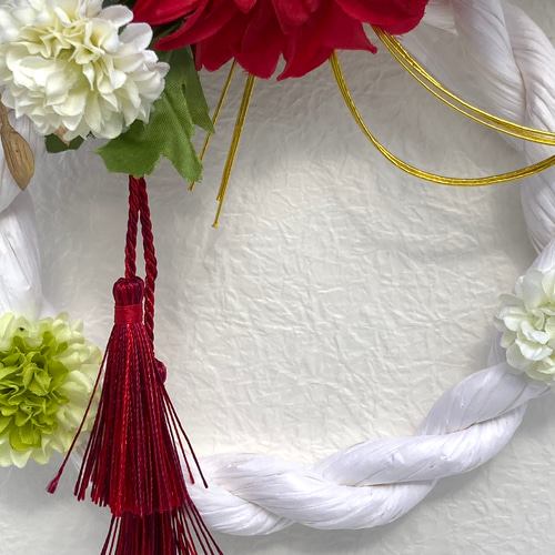 新春しめ縄飾り 超早割お正月2026 レッド系アーティシャルフラワー