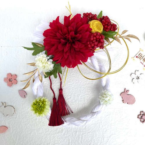 新作✩.*˚お正月 しめ縄飾り ～フラワーアレンジメント～現品限り 新春しめ縄飾り 超早割お正月2026 レッド系アーティシャルフラワー