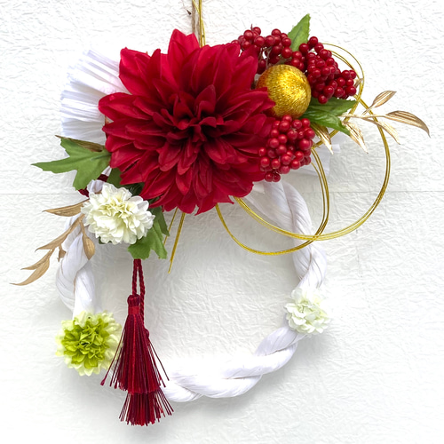 新春しめ縄飾り 超早割お正月2026 レッド系アーティシャルフラワー