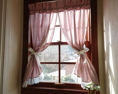 ダスティピンクコットン♪両開きカフェカーテン 薔薇のレース 極太