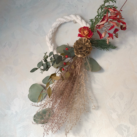 しめ縄飾り 白 ドライフラワー / ふわふわ ススキ ナンテン ドライ  