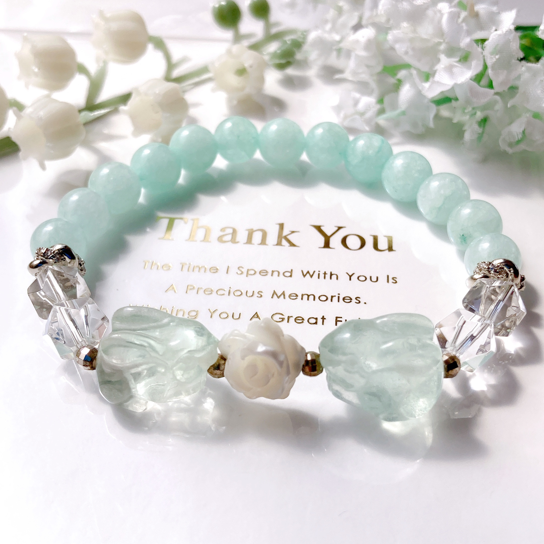 ˚✧₊⁎一点物˚✧₊⁎グリーンフローライトうさぎちゃん薔薇天然石ブレスレット