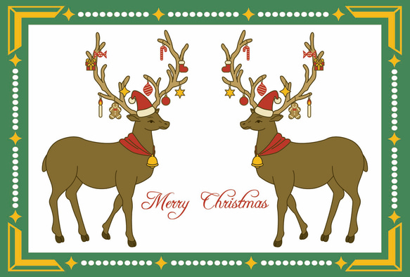 トナカイツリー クリスマスカード5枚セット 緑白ver メリークリスマス 新年 お正月 卯年 レトロ ポストカード 4枚目の画像