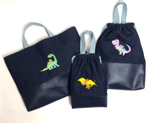 恐竜　ハンドメイド　レッスンバッグ　男の子　入学　入園　セット　上履き　体操着 オリジナル 刺繍 恐竜 レッスンバッグ シューズケース 体操服袋