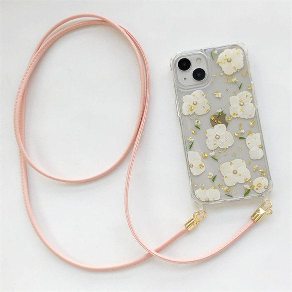白い紫陽花 スマホショルダー  iPhone14Pro/SE/13 押し花ケース スマホリング 斜め掛け 5枚目の画像