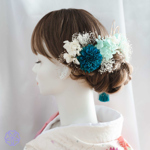 髪飾り ターコイズブルーとミントグリーンの髪かざり 成人式 卒業式