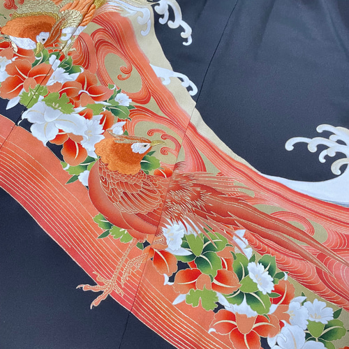 黒留袖リメイク 華やかな尾長鳥 ロングスカート 正絹 フリーサイズ