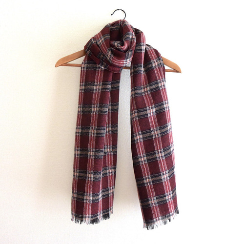 受注制作】タータンチェックのウールガーゼの大判ストール レッド
