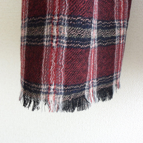 受注制作】タータンチェックのウールガーゼの大判ストール レッド