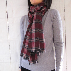 受注制作】タータンチェックのウールガーゼの大判ストール レッド