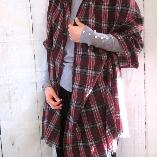 受注制作】タータンチェックのウールガーゼの大判ストール レッド