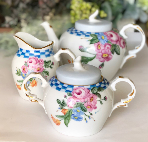 薔薇と青い縁飾りのポット・クリーマ－・シュガー3Pセット