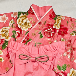 ベビー袴　ハンドメイド　ベビー着物　オレンジ系バラ　花柄　60 70 80サイズ 3枚目の画像
