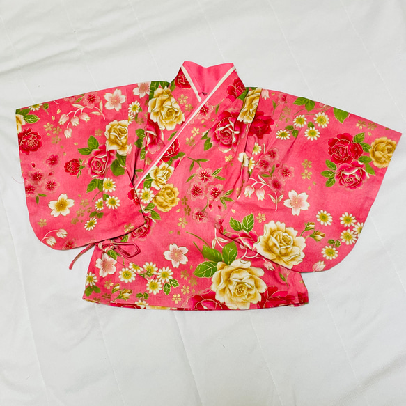 ベビー袴　ハンドメイド　ベビー着物　オレンジ系バラ　花柄　60 70 80サイズ 4枚目の画像