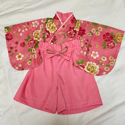 ベビー袴　ハンドメイド　ベビー着物　オレンジ系バラ　花柄　60 70 80サイズ 2枚目の画像