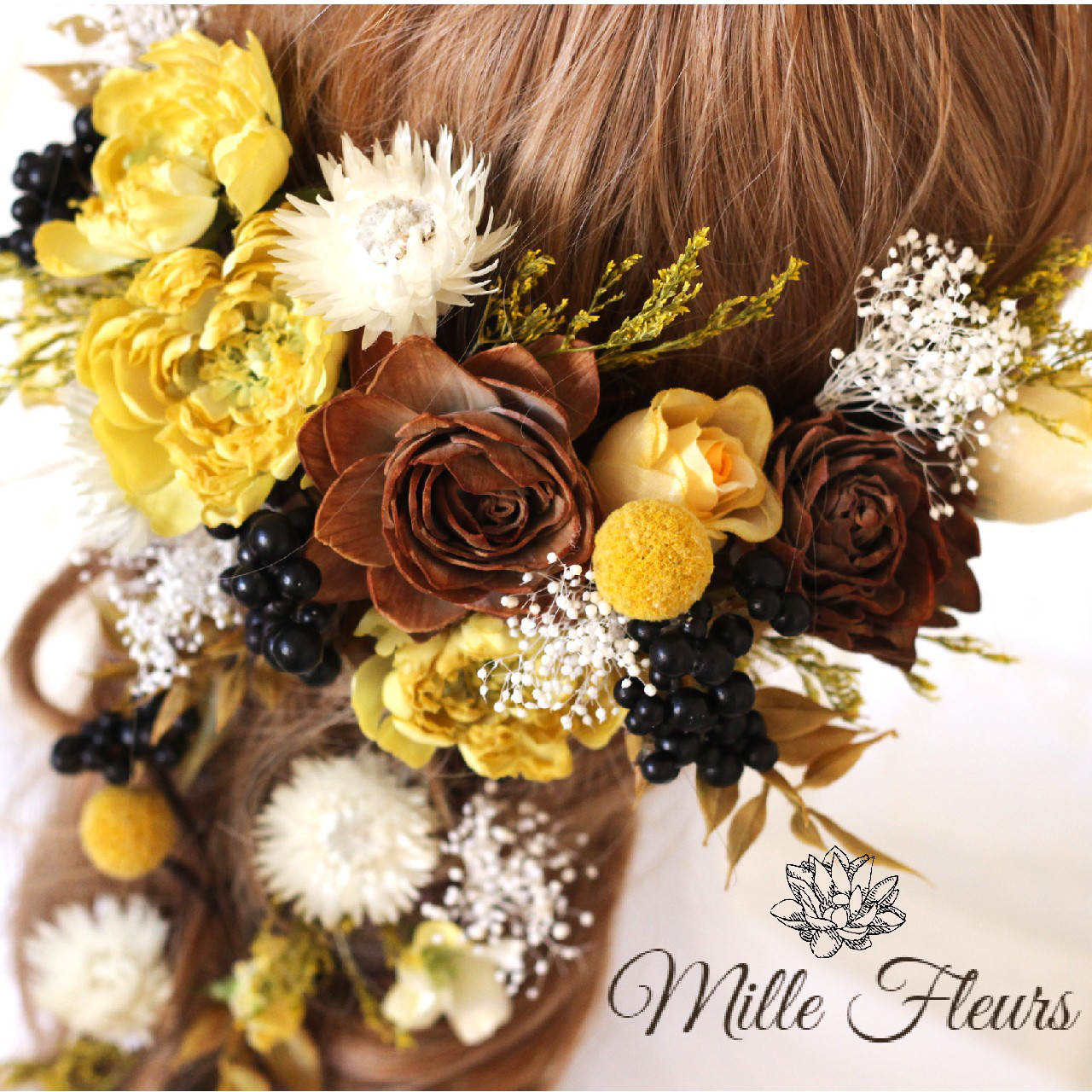 【送料無料】プリザーブド　ドライフラワー　イエロー　アンティークカラー髪飾り