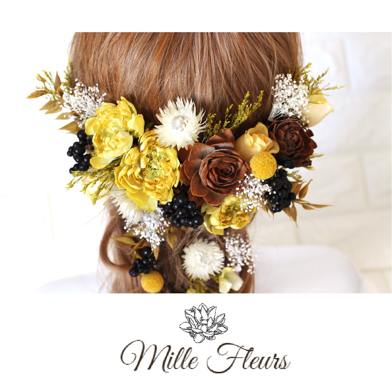 【送料無料】プリザーブド　ドライフラワー　イエロー　アンティークカラー髪飾り