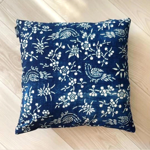 伝統工芸【中国の古布／藍印花布（藍染）の小座布団】年代：清代末期