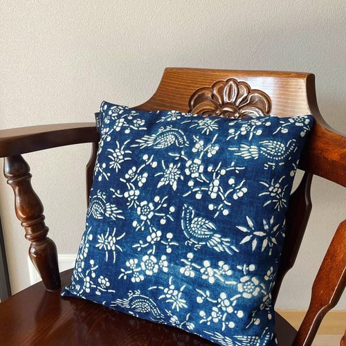 伝統工芸【中国の古布／藍印花布（藍染）の小座布団】年代：清代末期