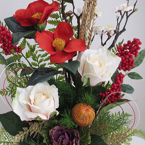 華やか ちりめん つまみ細工 お正月飾り 葉牡丹と紅白椿 No.02 お正月