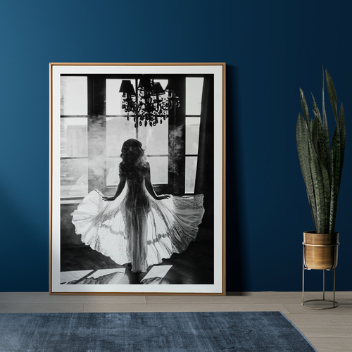 アートポスター モノクロ ドレス シルエット シャンデリア レトロ