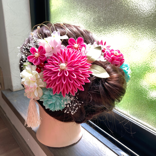 つまみ細工　髪飾り　＃18-25 ピンク系　花水 988745fa33678be16430a6073d12b0