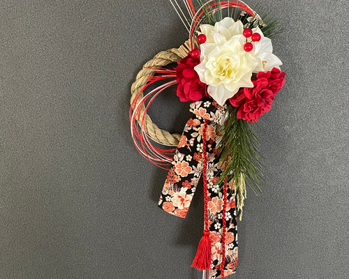 ご確認用になります。金襴リボン赤が綺麗❣️ モダン豪華しめ縄飾り