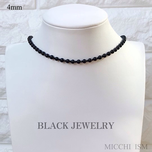 BLACK JEWELRY オニキス4mm&ブラックスピネル2mm 天然石ネックレス メンズ レディース シンプル 黒 1枚目の画像