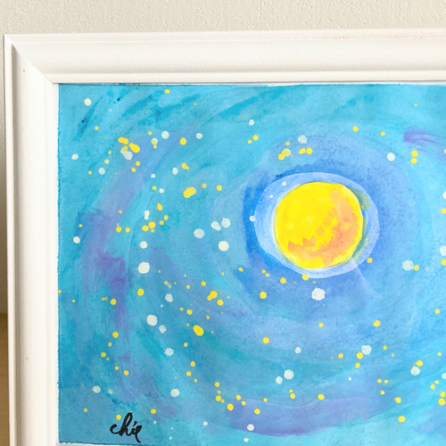 水彩画【満月の心】原画 A5サイズ 額付 一言ポエム 絵画
