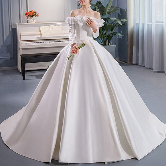 光沢 サテン ロングドレス オフショル 上品スリット パーティー