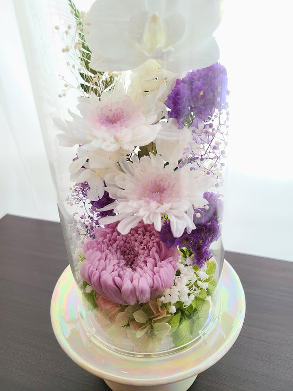【送料無料】豪華なガラスドーム仏花（大）　プリザーブドフラワー 4枚目の画像