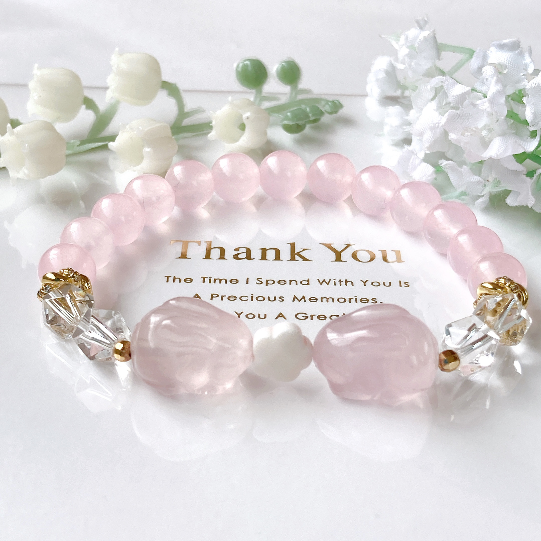 ˚✧₊⁎一点物˚✧₊⁎ローズクォーツうさぎちゃんお花天然石ブレスレット