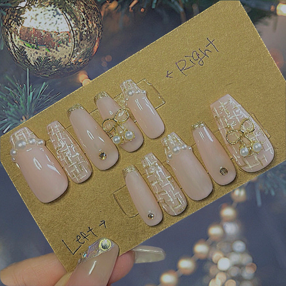 No.19 ホワイトツイード♡パールリボン クリスマス ネイルチップ No.19 ホワイトツイード♡パールリボン クリスマス ネイルチップ