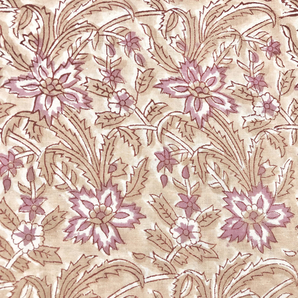 [50 公分單位] 灰米色紫色花朵印度手版印刷布料紡織棉 第2張的照片