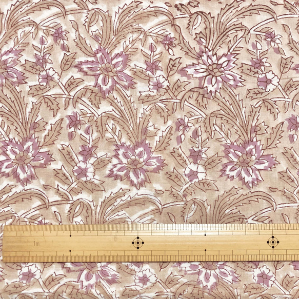 [50 公分單位] 灰米色紫色花朵印度手版印刷布料紡織棉 第6張的照片