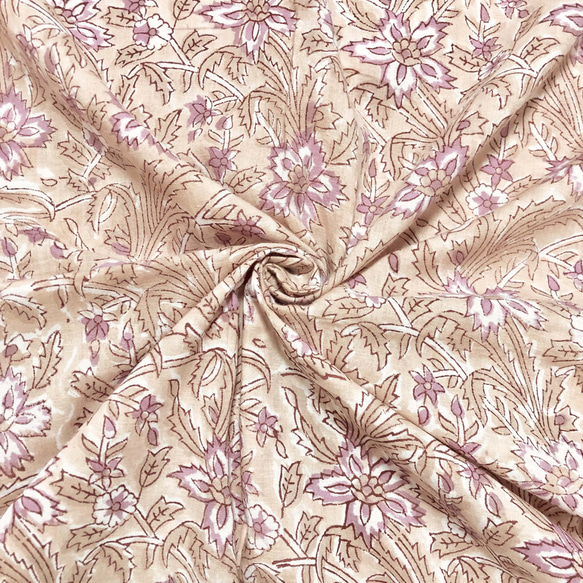 [50 公分單位] 灰米色紫色花朵印度手版印刷布料紡織棉 第1張的照片