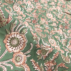 [50cm單位]綠棕色花朵印度手工塊印花布料紡織棉 第5張的照片