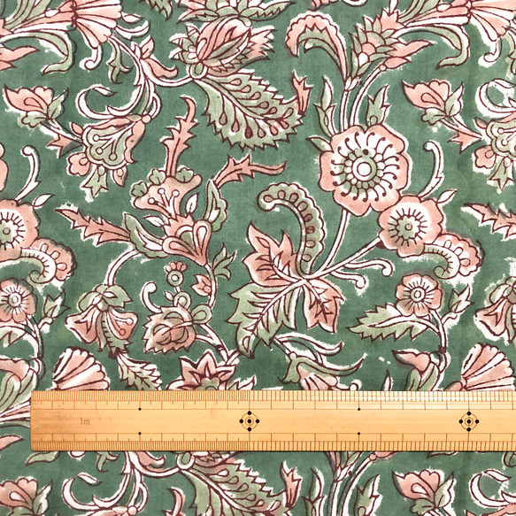 [50cm單位]綠棕色花朵印度手工塊印花布料紡織棉 第6張的照片