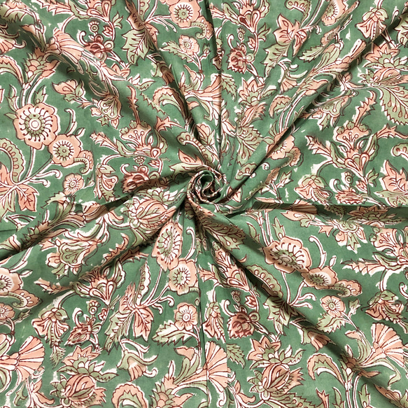 [50cm單位]綠棕色花朵印度手工塊印花布料紡織棉 第1張的照片