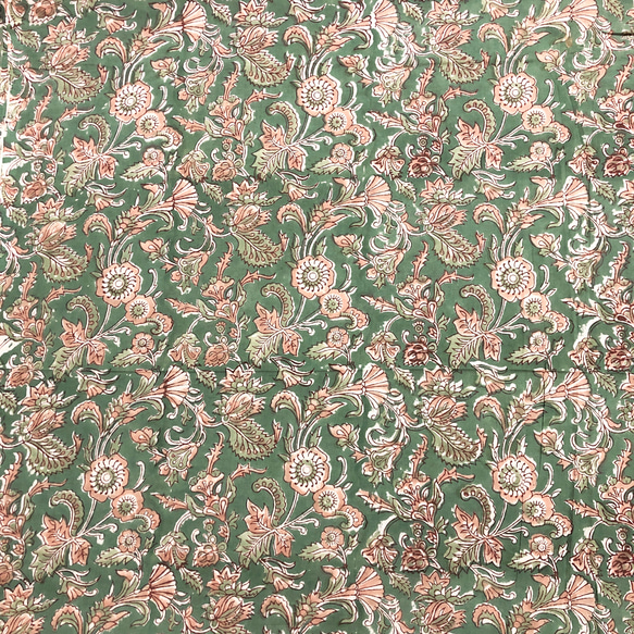 [50cm單位]綠棕色花朵印度手工塊印花布料紡織棉 第4張的照片