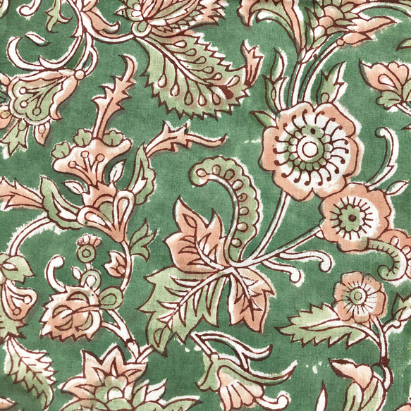 [50cm單位]綠棕色花朵印度手工塊印花布料紡織棉 第2張的照片