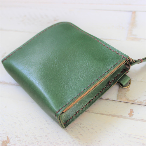 送料無料】ヌメ革のL字型ファスナー財布 グリーン 小銭入れ・コイン
