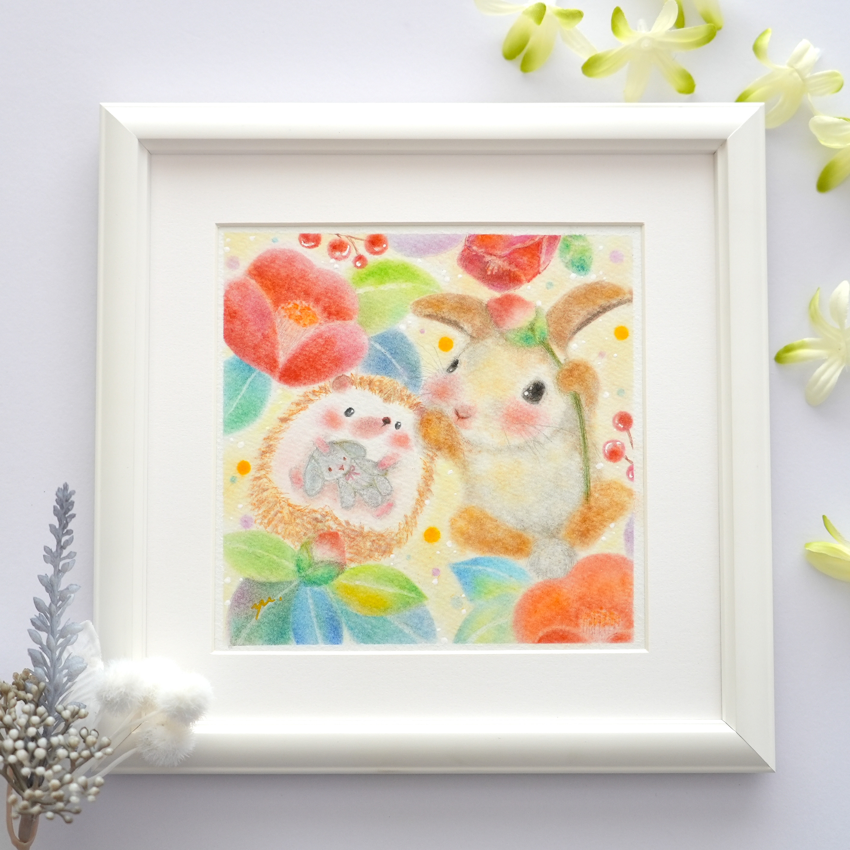 開運絵画　可愛い猫うさぎハリネズミの春絵画 原画】「椿とハリネズミとウサギと」 パステルアート はりねずみ